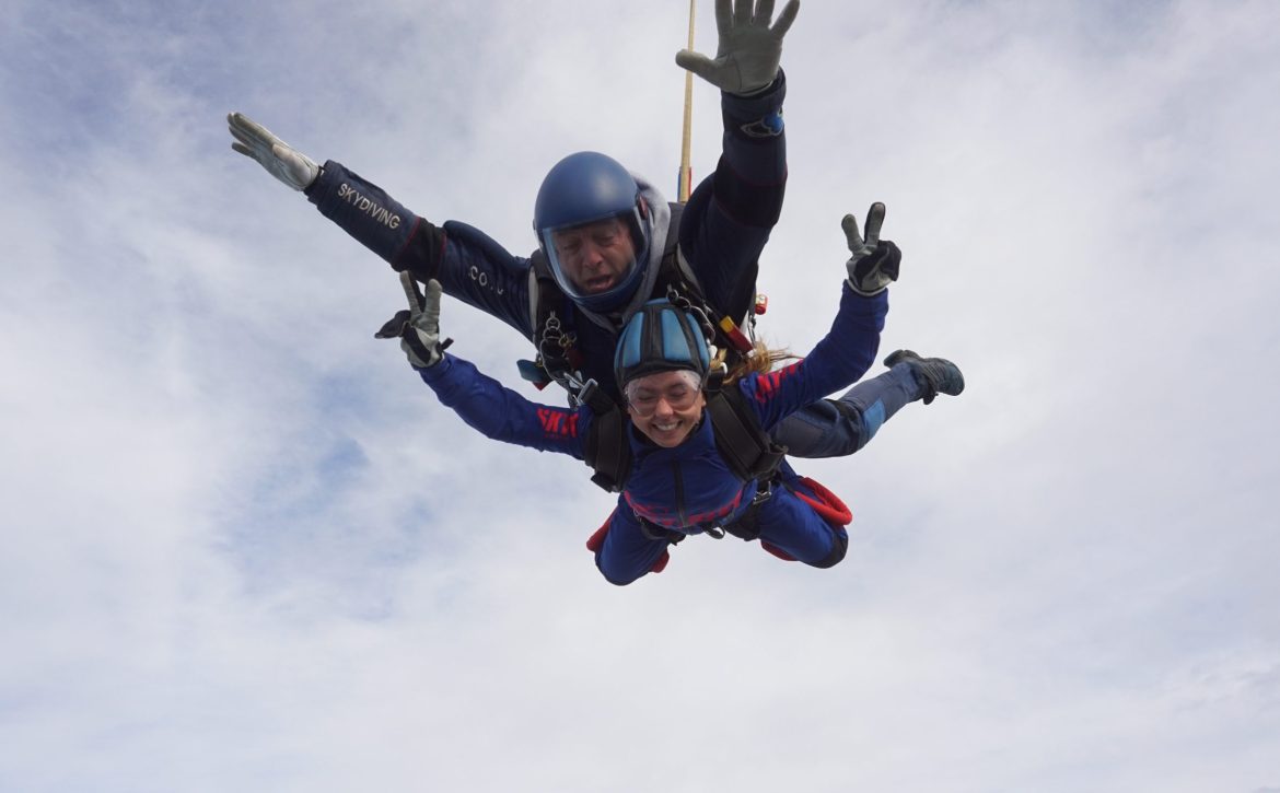 Two people taking part in a tandem skydive in the air