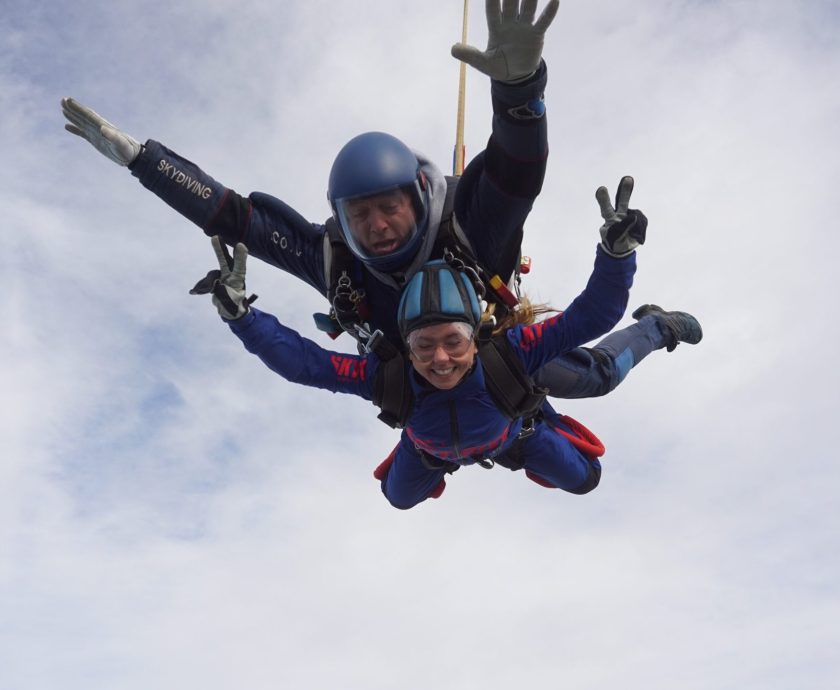 Two people taking part in a tandem skydive in the air